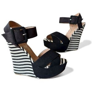 NWOT Sergio Zelcer Ultra High Wedge Striped Open Toe Heels Black White Size 7